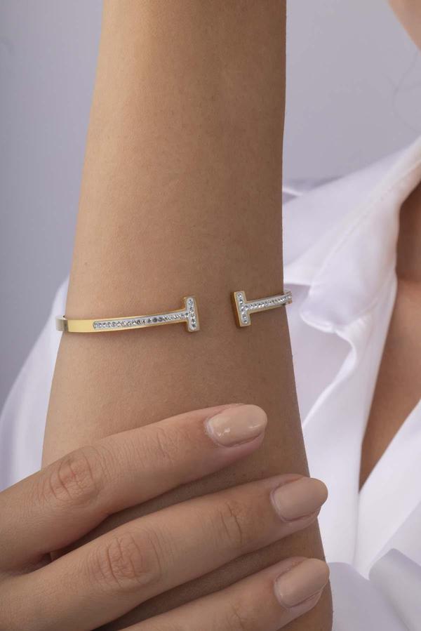 Gümüş Pazarım Zirkon Taşlı Tek Sıra Altın Kaplama Kadın Çelik Kelepçe Bielklik - Image 1