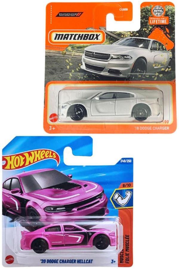 2 Araç Set - Hot Wheels '20 Dodge Charger Hellcat I Pembe & Matchbox 2018 Dodge Charger I Beyaz (1/64) - Image 1