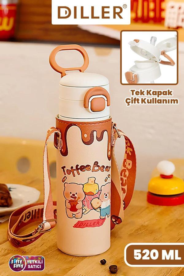 DILLER 520 ML Kılıflı Tek Kapak Çift Kullanım Pipetli/Pipetsiz Taşıma El Askılı Vacum Cup/Çelik Termos -D9260ML520 - Image 1