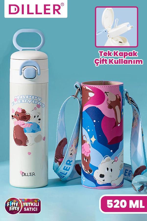 DILLER 520 ML Kılıflı Tek Kapak Çift Kullanım Pipetli/Pipetsiz Taşıma El Askılı Vacum Cup/Çelik Termos -D9338ML520 - Image 1