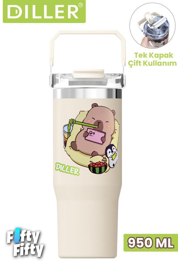 DILLER Tumbler 950 ML Tek Kapak Çift Kullanım Pipetli/Pipetsiz Taşıma Kulplu Çelik Termos-FFDILLERD9358 - Image 1