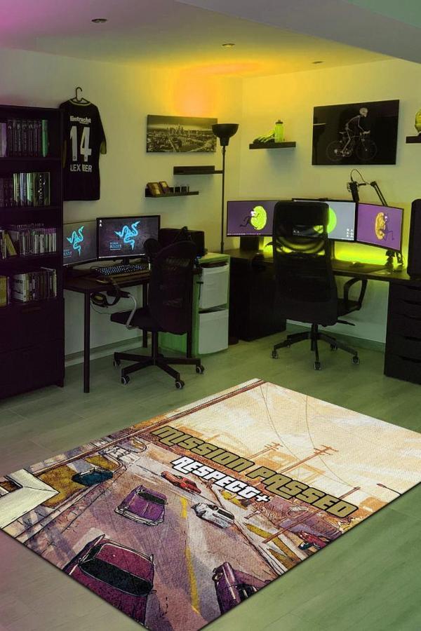 Homshtag Respect Çok Renkli Oyuncu Halısı Bej Renk Gamer Temalı Halı Modern GTA Oyuncuya Hediye Halı - Image 1