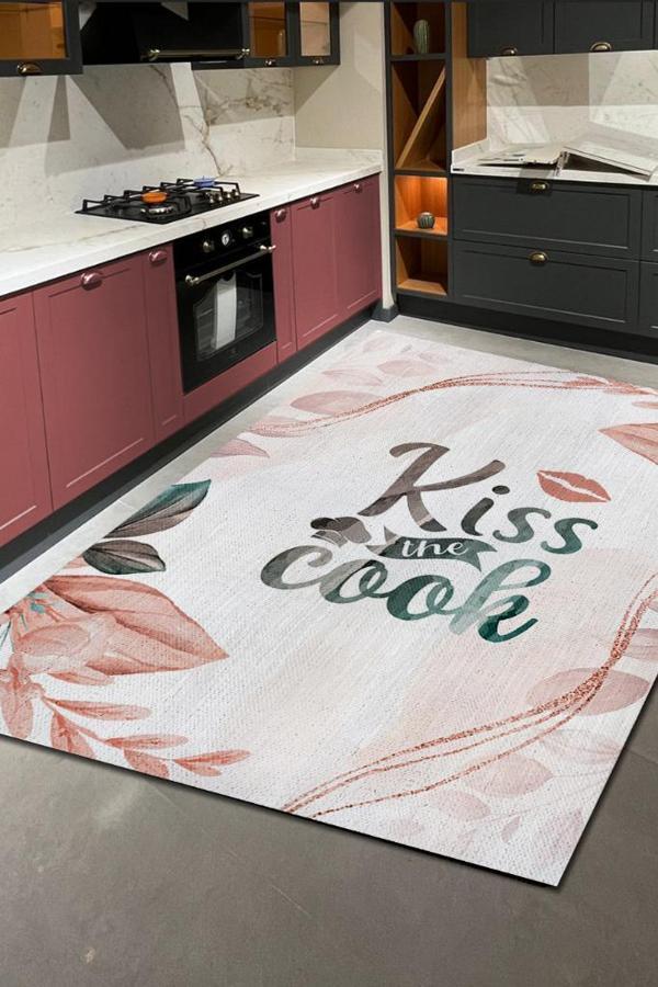 Homshtag Aşçıyı Öp Çok Renkli Mutfak Halısı Minimal Yazılı Modern Halı Mutfak Temalı Çiçekli Halı - Image 1