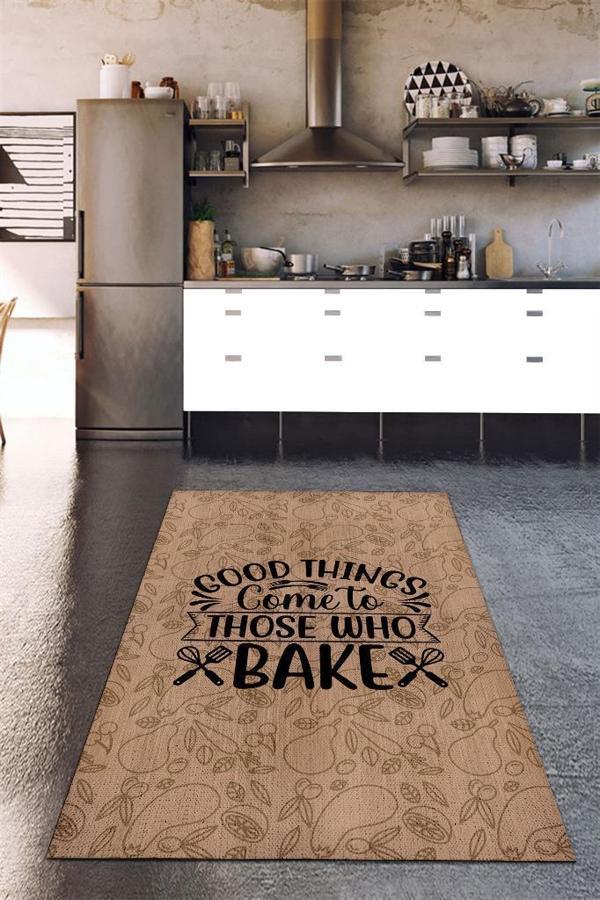 Homshtag Yemek Yap Mutlu Ol Kahve Renkli Mutfak Halısı Yazılı Modern Halı Mutfak Temalı Figürlü Halı - Image 1