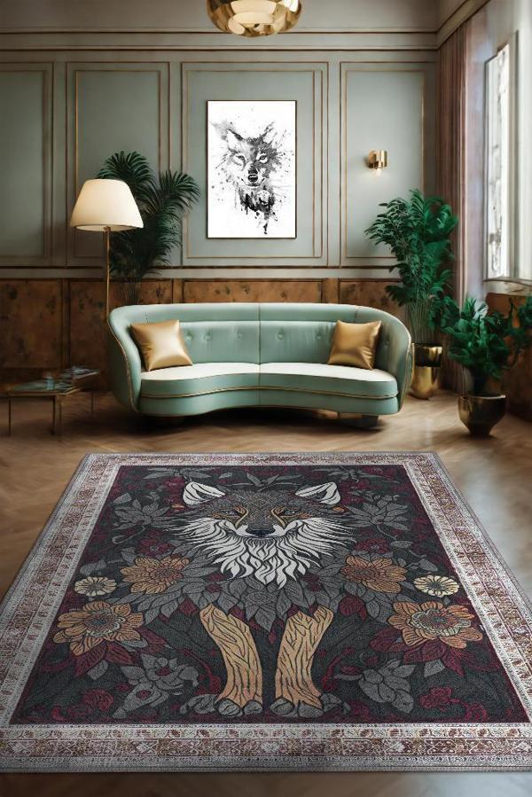 Homshtag Nuh'un Gemisi Koleksiyonu Kurt, Çiçek Desenli Art Deco Tarzı Vintage Halı,Çok Renkli Maksimalist Halı - Image 1