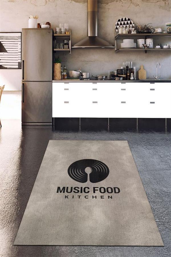 Homshtag Müzik ve Yemek Bej Renkli Mutfak Halısı Dekoratif Mutfak Temalı Halı Modern Dokuma Halı  - Image 1