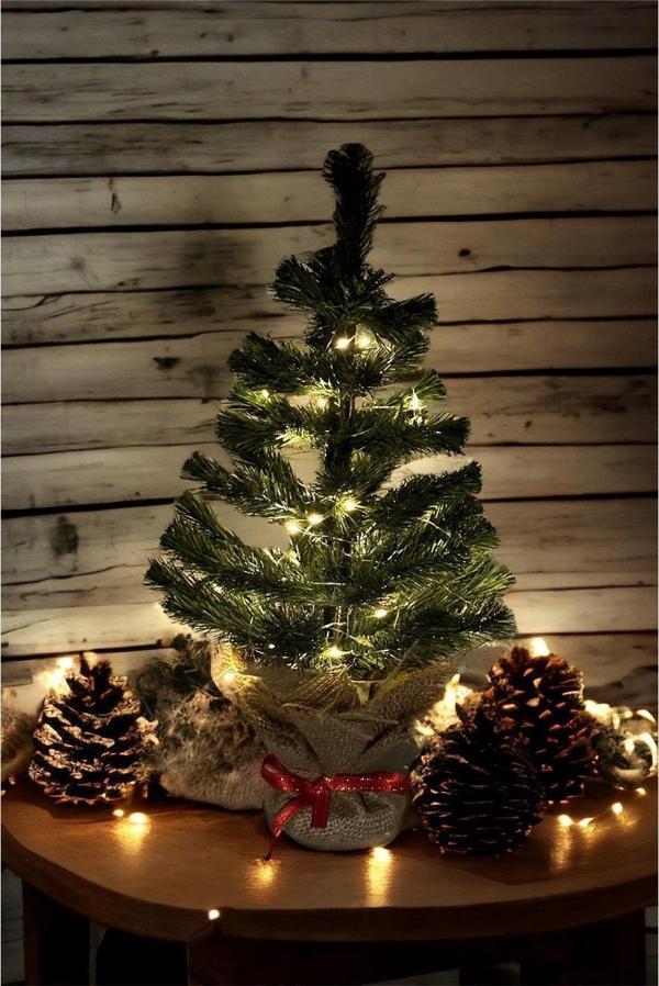 Sole Led Işıklı Yılbaşı Çam Ağacı Kütük Tabanlı Jüt Ipli Masaüstü Yeni Yıl Noel Ağacı - Image 1