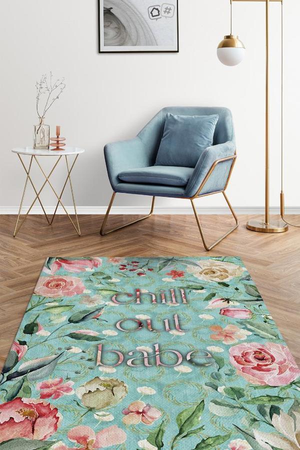 Homshtag Rahatla Bebeğim Yeşil Renkli Halı Çiçek Desenli Salon Halısı Çok Renkli Mutfak Halısı - Image 1