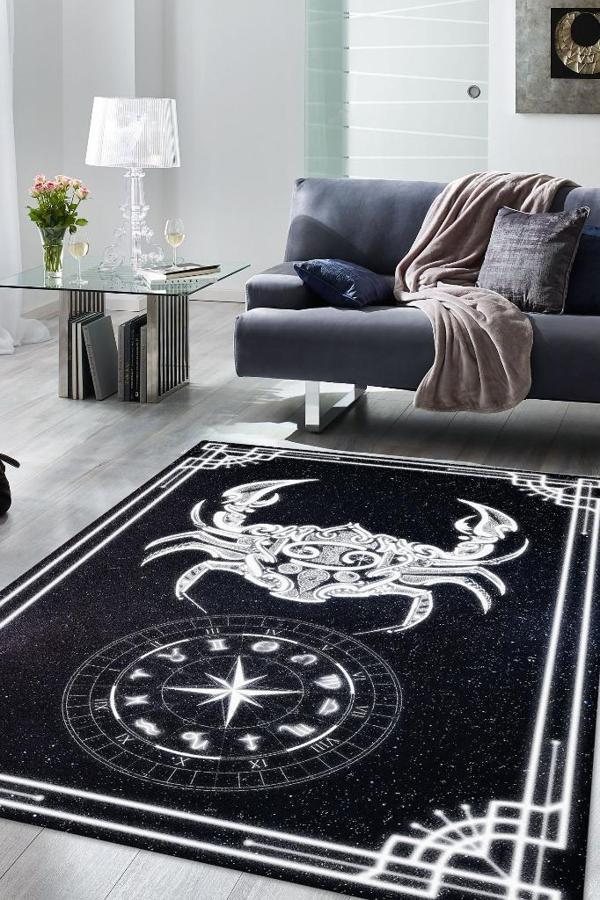Homshtag Yengeç Burcu Astroloji Temalı Halı Burç Halısı Yengeç Burcuna Hediye Halı Siyah Renk Halı - Image 1