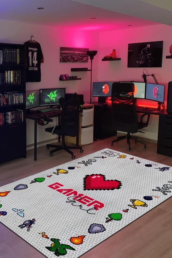 Homshtag Oyuncu Kız Açık Renkli Beyaz Oyuncu Halısı Gamer Temalı Halı Modern Oyuncuya Hediye Halı - Image 1