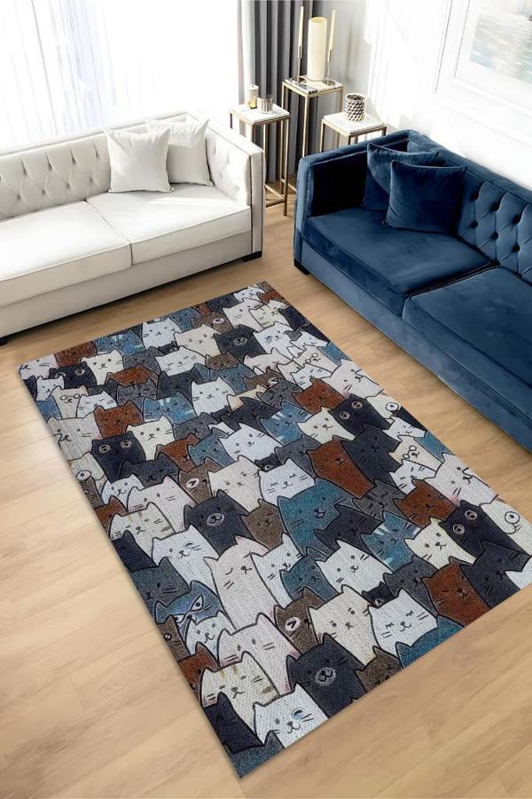 Homshtag Kedi Yüzleri Mavi Renkli Halı Minimal Genç Odası Halısı Kedili Çocuk Odası Halısı - Image 1