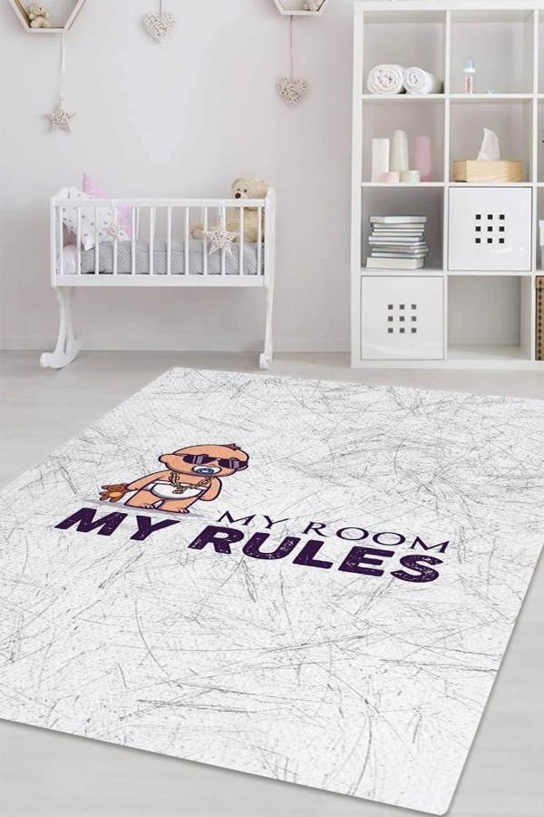 Homshtag Benim Odam Benim Kurallarım Beyaz Renkli Çocuk Odası Halısı Minimal Halı Bebek Temalı Halı - Image 1