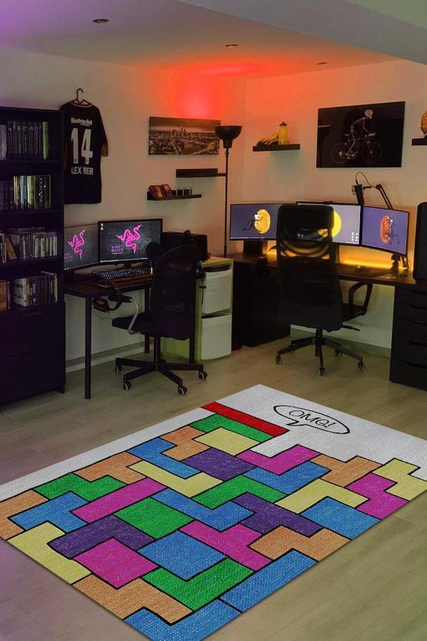 Homshtag Olamaz Renkli Oyuncu Halısı Zemini Beyaz Renk Gamer Temalı Halı Tetris Sever Hediyelik Halı - Image 1