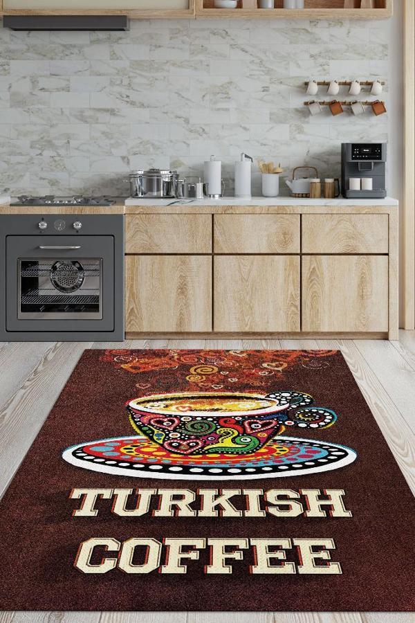 Homshtag Türk Kahvesi Kahverengi Halı Etnik Desenli Mutfak Halısı Kahve Figürlü Sanatsal Halı  - Image 1
