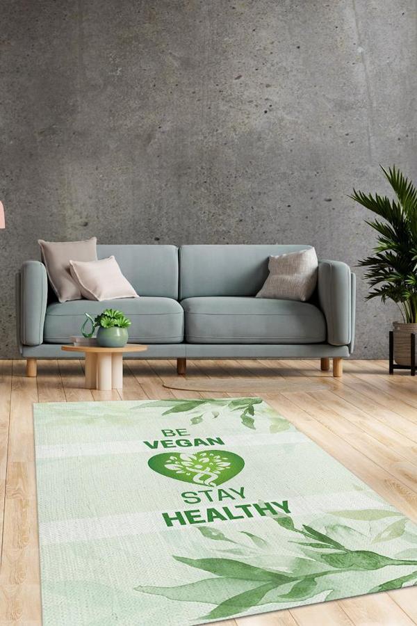 Homshtag Vegan Ol Sağlıklı Kal Açık Renkli Vegan Halısı Yazılı Dijital Baskı Halı Yeşil Vegan Halısı - Image 1