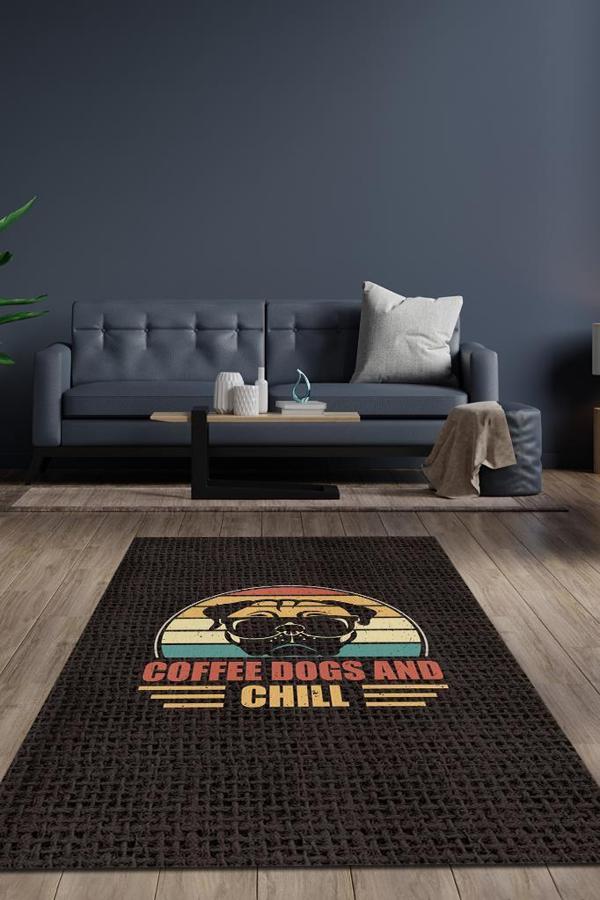 Homshtag Kahven ve Köpeğinle Rahatla Kahverengi Halı Dekoratif Köpekli Halı Dokulu Salon Halısı - Image 1