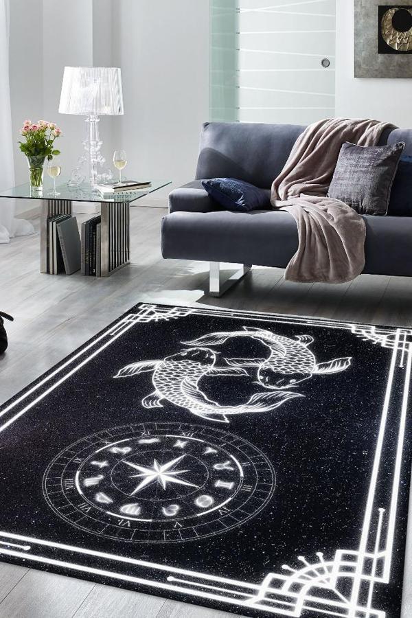 Homshtag Balık Burcu Astroloji Temalı Halı Burç Halısı Balık Burcuna Hediyelik Halı Siyah Renk Halı - Image 1