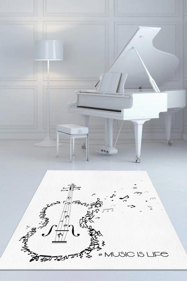 Homshtag Müzik Hayattır Art Müzik Halısı Beyaz Renkli Müzik Halısı Gitar Figürlü Beyaz Modern Halı - Image 1