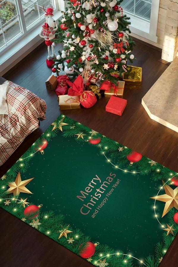 Homshtag Mutlu Noeller Yeşil Renkli Yeni Yıl Parti Halısı Çok Renkli Yılbaşı Temalı Hediyelik Halı - Image 1