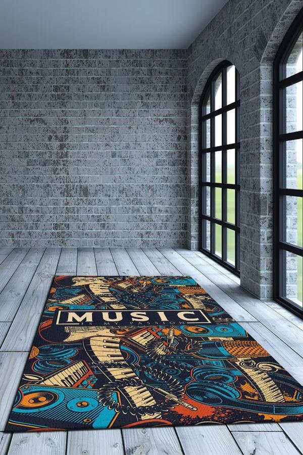 Homshtag Müzik Tutkum Art Müzik Halısı Rock Müzik Halısı Elektro Gitar Figürlü Renkli Modern Halı - Image 1