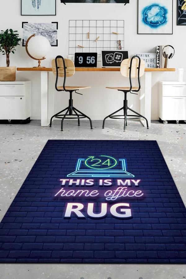 Homshtag lacivert Home Office Halısı Pamuk Tabanlı Neon Yazılı Ofis Halısı Home Office Halısı - Image 1