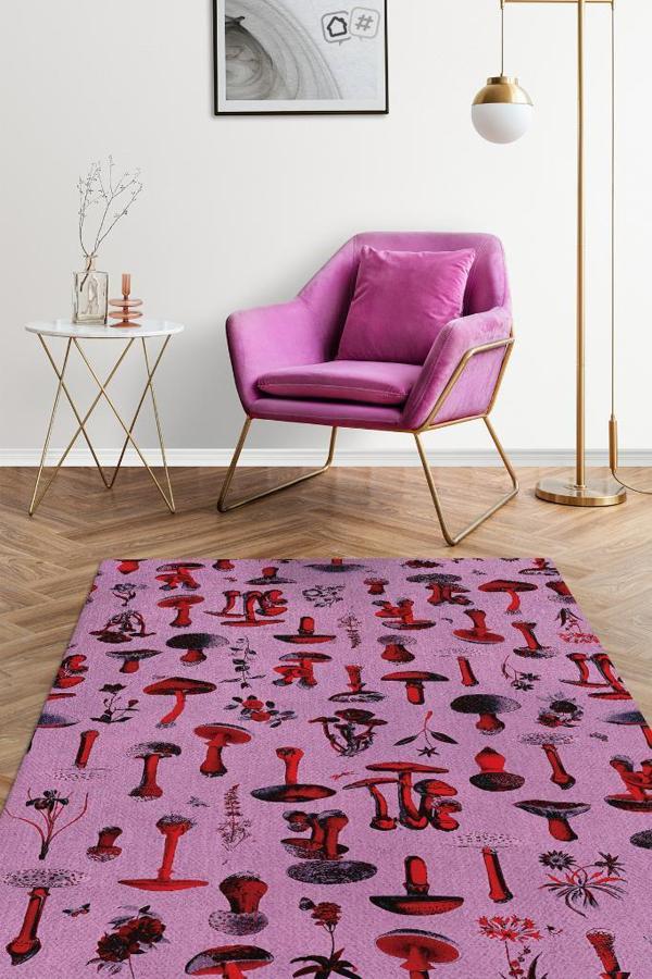 Homshtag Mantar Dünyası Çok Renkli Mantarlı Mutfak Halısı Pembe Mantar Baskılı Özel Tasarım Halı - Image 1