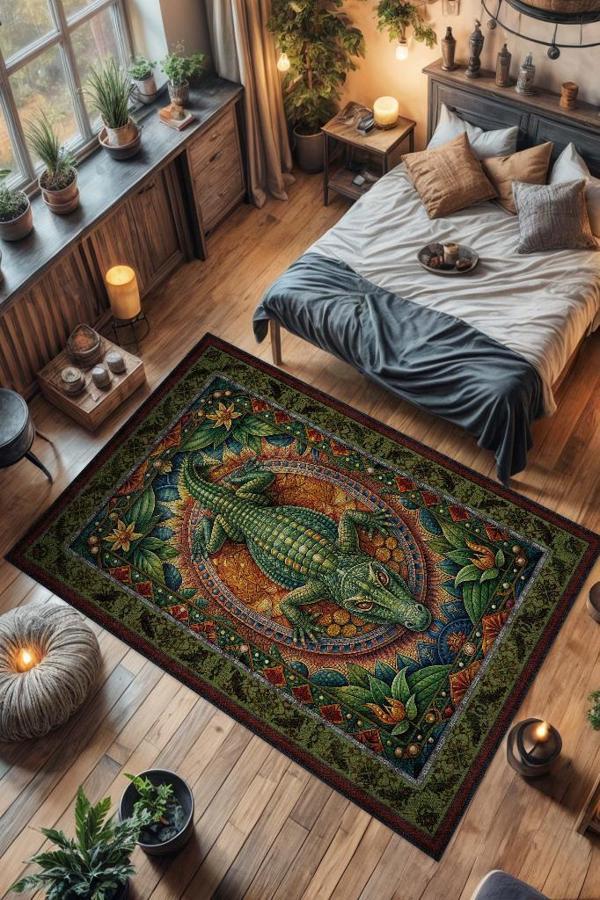 Homshtag Nuh'un Gemisi Koleksiyonu Timsah Temalı Çiçekli Yeşil Renkli Bordürlü Şık Konsept Halı - Image 1