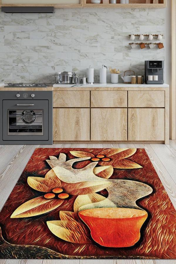 Homshtag Çekirdekten Fincana Sıcak Renkli Halı Desenli Mutfak Halısı Kahve Figürlü Geometrik Halı  - Image 1