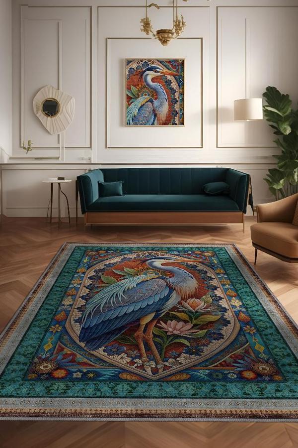 Homshtag Nuh'un Gemisi Koleksiyonu Mavi Balıkçıl Temalı Çiçekli Çok Renkli Bordürlü Konsept Halı - Image 1