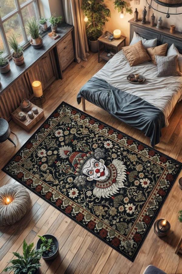 Homshtag Gotik Palyaço Temalı Halı Siyah Çiçekli Oturma Odası Halısı Etnik Hediyelik Palyaço Halısı - Image 1