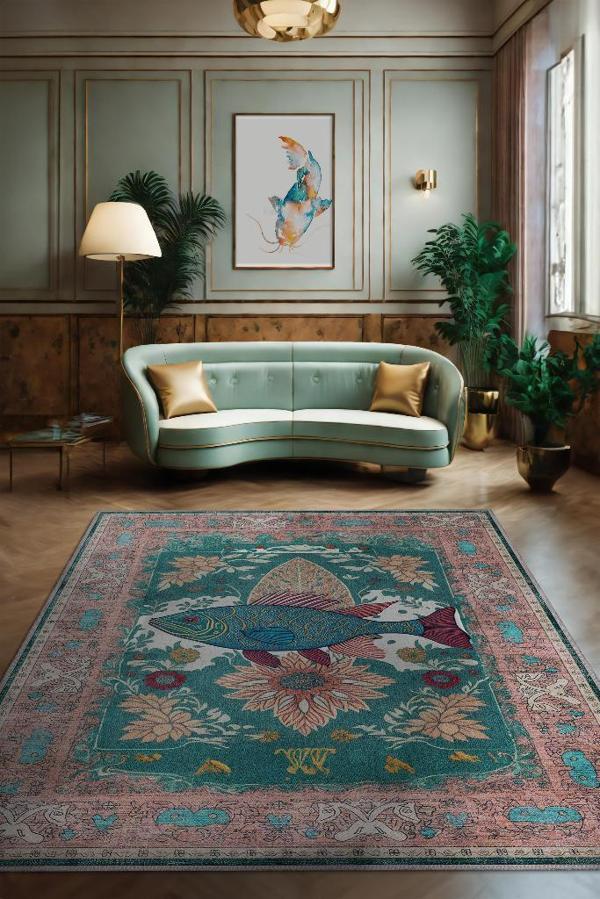 Homshtag Nuh'un Gemisi Koleksiyonu Balık, Çiçek Desenli Art Deco Tarzı Vintage Halı,Çok Renkli Maksimalist Halı - Image 1