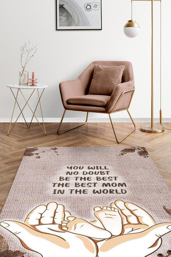 Homshtag En İyi Anne Bej Renkli Minimal Halı Dijital Baskı Salon Halısı Tasarım Anneye Özel Halı - Image 1