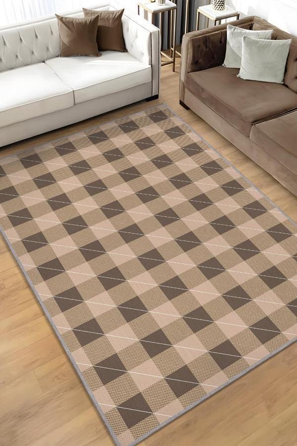 Homshtag Ekose Desenli Halı Kahve Krem Renk Salon Halısı Tasarım Halı Hasır Görünümlü Ekose Halı  - Image 1