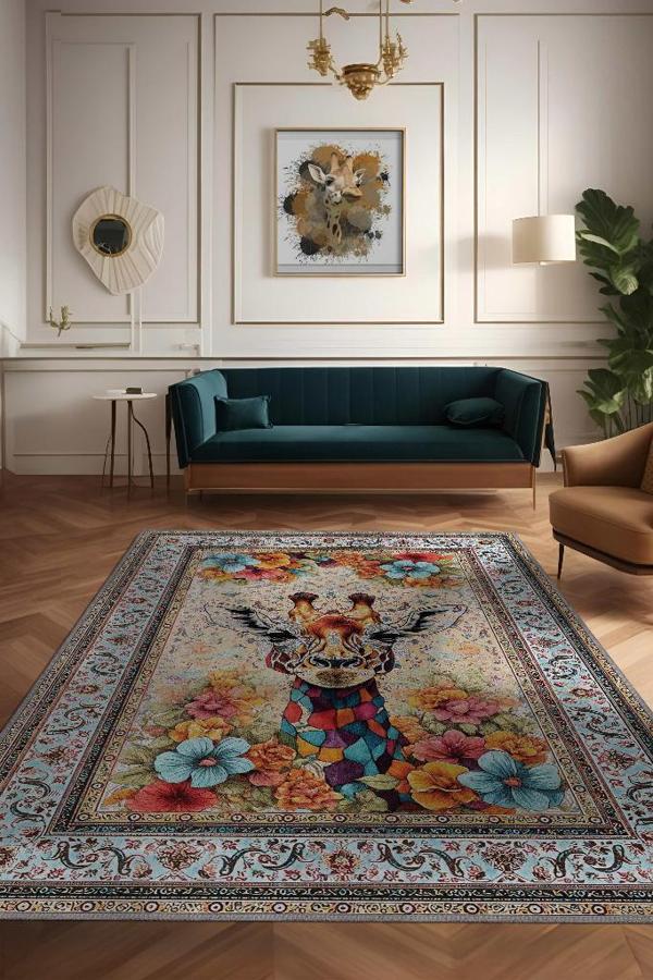 Homshtag Nuh'un Gemisi Koleksiyonu Zürafa, Çiçek Desenli Art Deco Tarzı Vintage Halı,Çok Renkli Maksimalist Halı - Image 1