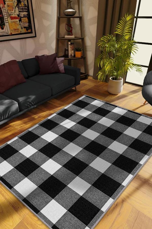 Homshtag En İyi Hayatını Yaşa Siyah Beyaz Geometrik Oturma Odası Halısı Modern Kareli Salon Halısı  - Image 1