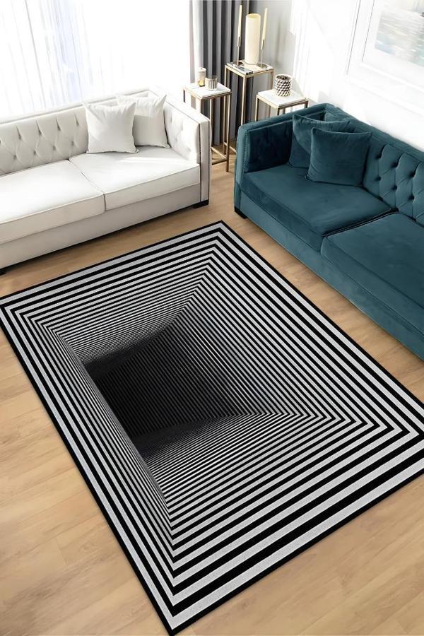Homshtag Tünel Dokuma Tabanlı Geometrik Halı Kareli Oturma Odası Halısı Siyah Beyaz Salon Halısı - Image 1