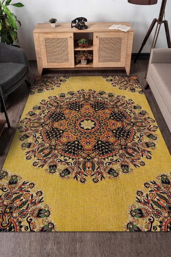 Homshtag Tezhip Minimal Salon Halısı Etnik Desenli Halı Sarı Renkli Oturma Odası Halısı Çiçekli Halı - Image 1