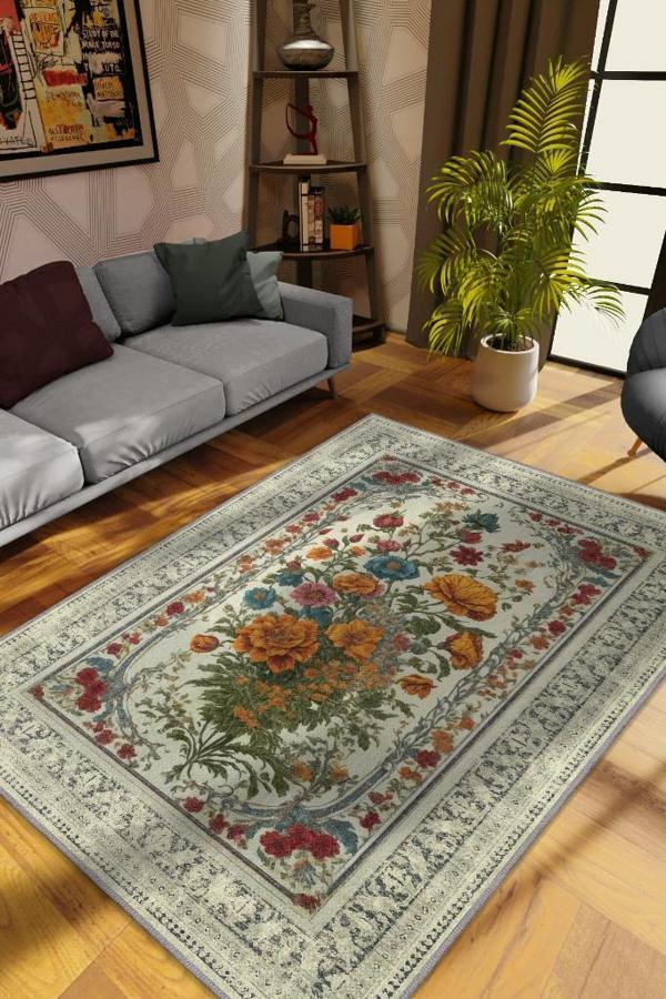 Homshtag Art Deco Kır Çiçeği Vintage Halı Görünümlü Dijital Baskı Renkli Halı Rustik Çiçekli Halı - Image 1