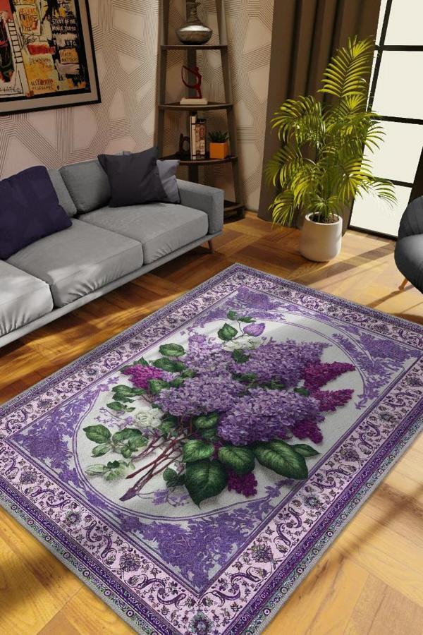 Homshtag Art Deco Leylak Çiçeği Vintage Halı Görünümlü Dijital Baskı Mor Halı,Rustik Çiçekli Halı - Image 1