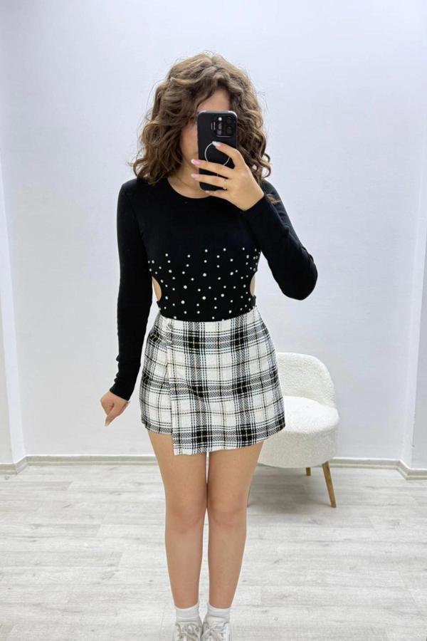 Siyah Taş İşlemeli Crop Bluz - Image 1