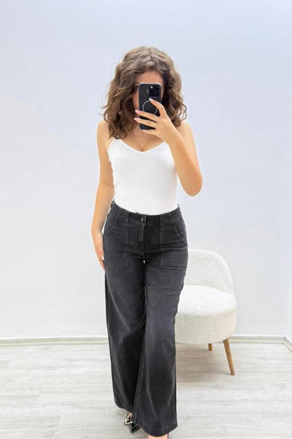 Geniş Paça Siyah Jean Pantolon - Image 1