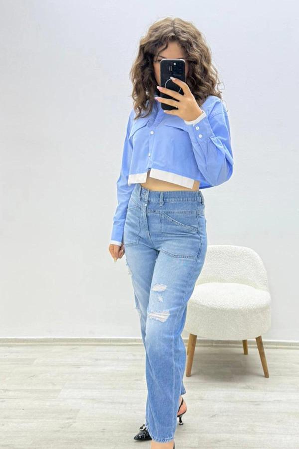 Yırtık Detaylı Mom Mavi Jean Pantolon - Image 1