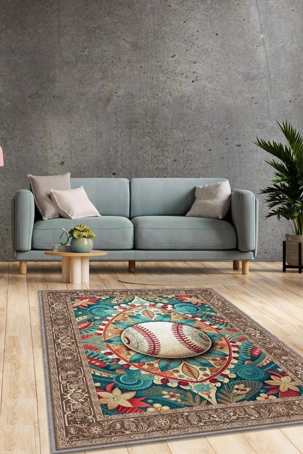 Homshtag Basebol Desenli Halı Çok Renkli Halı Spor Severe Hediye Halı Spor Sever İçin Çiçekli Halı - Image 1