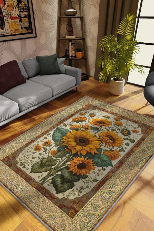 Homshtag Art Deco Ay Çiçeği Vintage Halı Görünümlü Dijital Baskı Çok Renkli Halı,Rustik Çiçekli Halı - Image 1