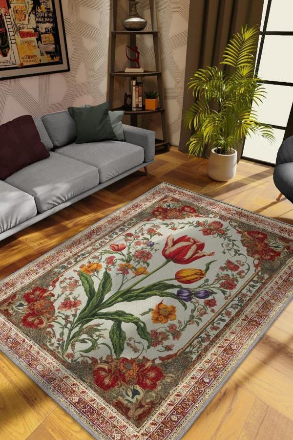 Homshtag Art Deco Lale Çiçeği Vintage Halı Görünümlü Dijital Baskı Renkli Halı, Rustik Çiçekli Halı - Image 1