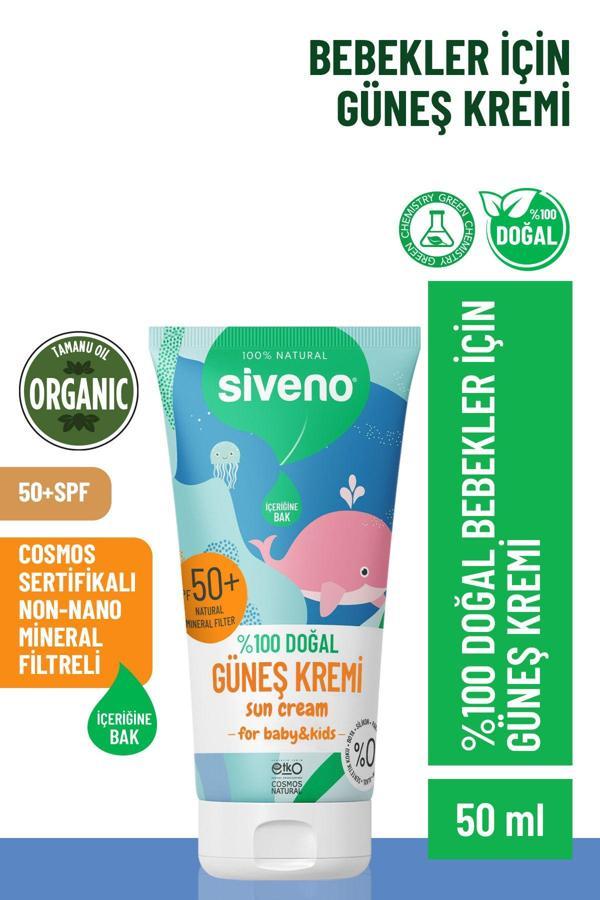 Siveno %100 Doğal Bebek Güneş Kremi Leke Karşıtı Antioksidan Nemlendirici Bitkisel Vegan UVA UVB SPF 50+ 50 ml - Image 1
