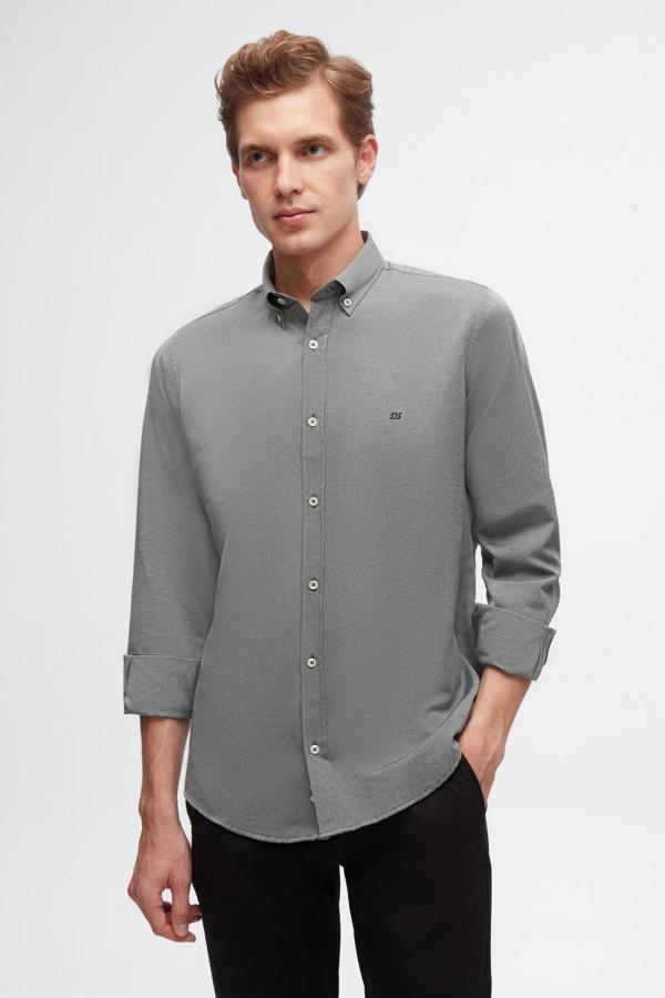 Ds Damat Slim Fit Antrasit Oxford Düğmeli Yaka Kolay Ütülenebilir Nakış Detaylı Pamuklu Gömlek - Image 1