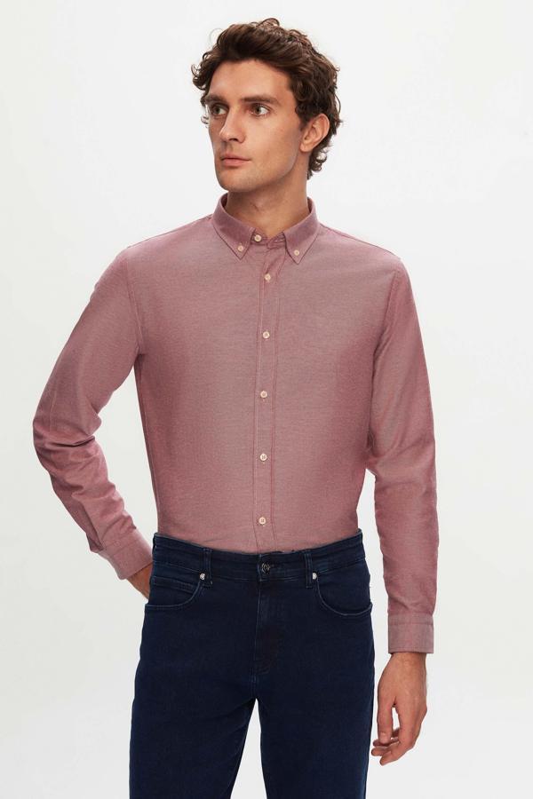 Ds Damat Slim Fit Bordo Armürlü Düğmeli Yaka Pamuklu Gömlek - Image 1