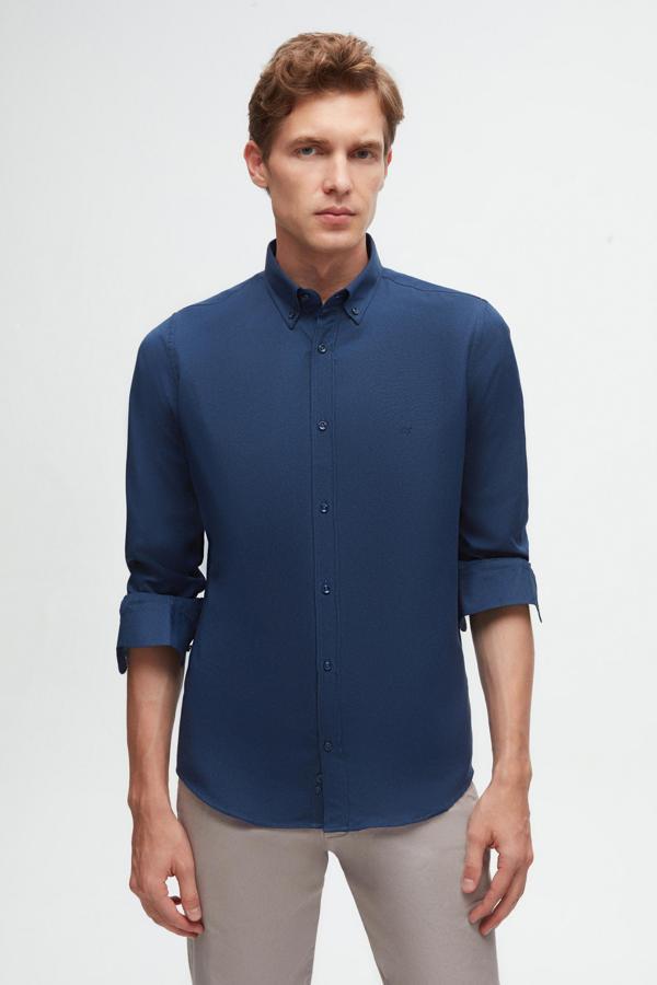 Ds Damat Slim Fit İndigo Oxford Düğmeli Yaka Kolay Ütülenebilir Nakış Detaylı Pamuklu Gömlek - Image 1