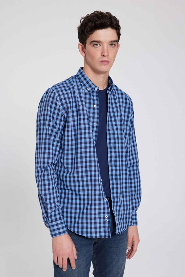 Ds Damat Slim Fit Mavi Kareli Ekoseli Gömlek - Image 1
